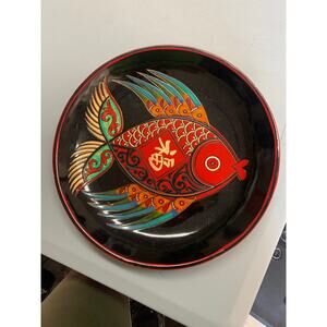 Vintage Wajima‑nuri Japanese Lacquer Plate Koi Fish Red Black Signed Japan